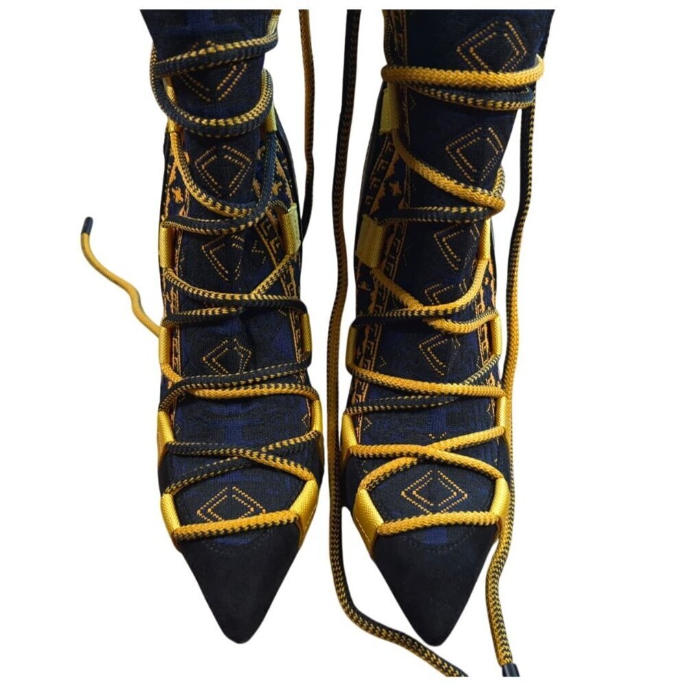 Azalea Wang Tribal Print Lace-Up Stiletto Ankle Boots Black Yellow Size 9. - Picture 8 of 9